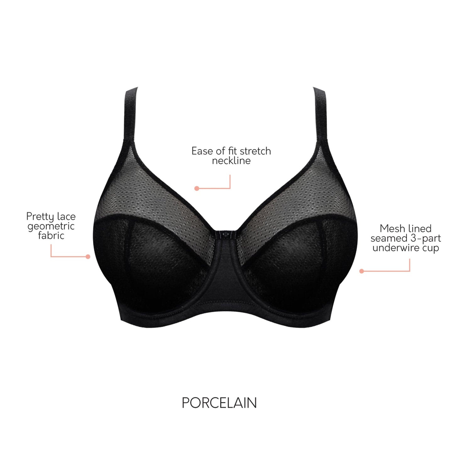 PARFAIT Paige A1672 Women's Lace Mesh Full Busted Wired Unlined Bra - Black