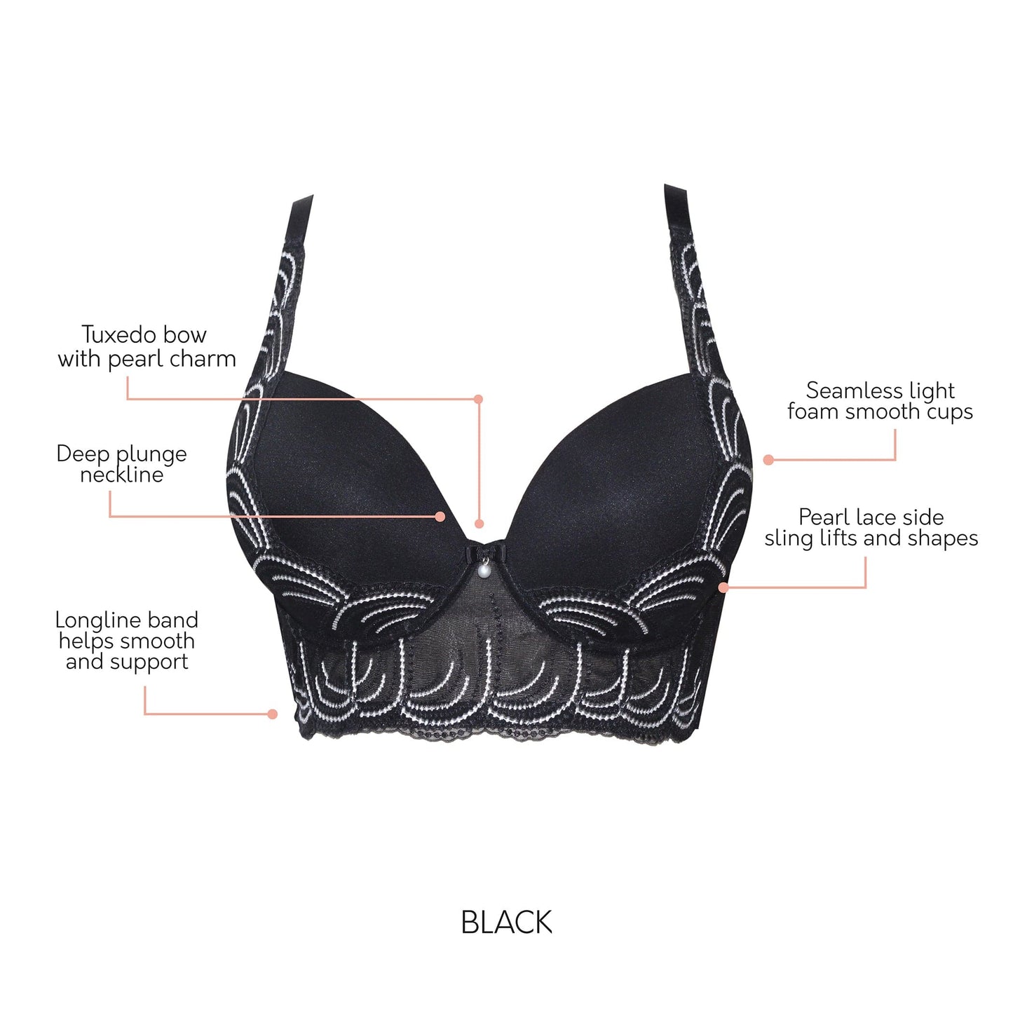 PARFAIT Pearl P6091 Women's Longline Plunge Full Busted Bra - Black