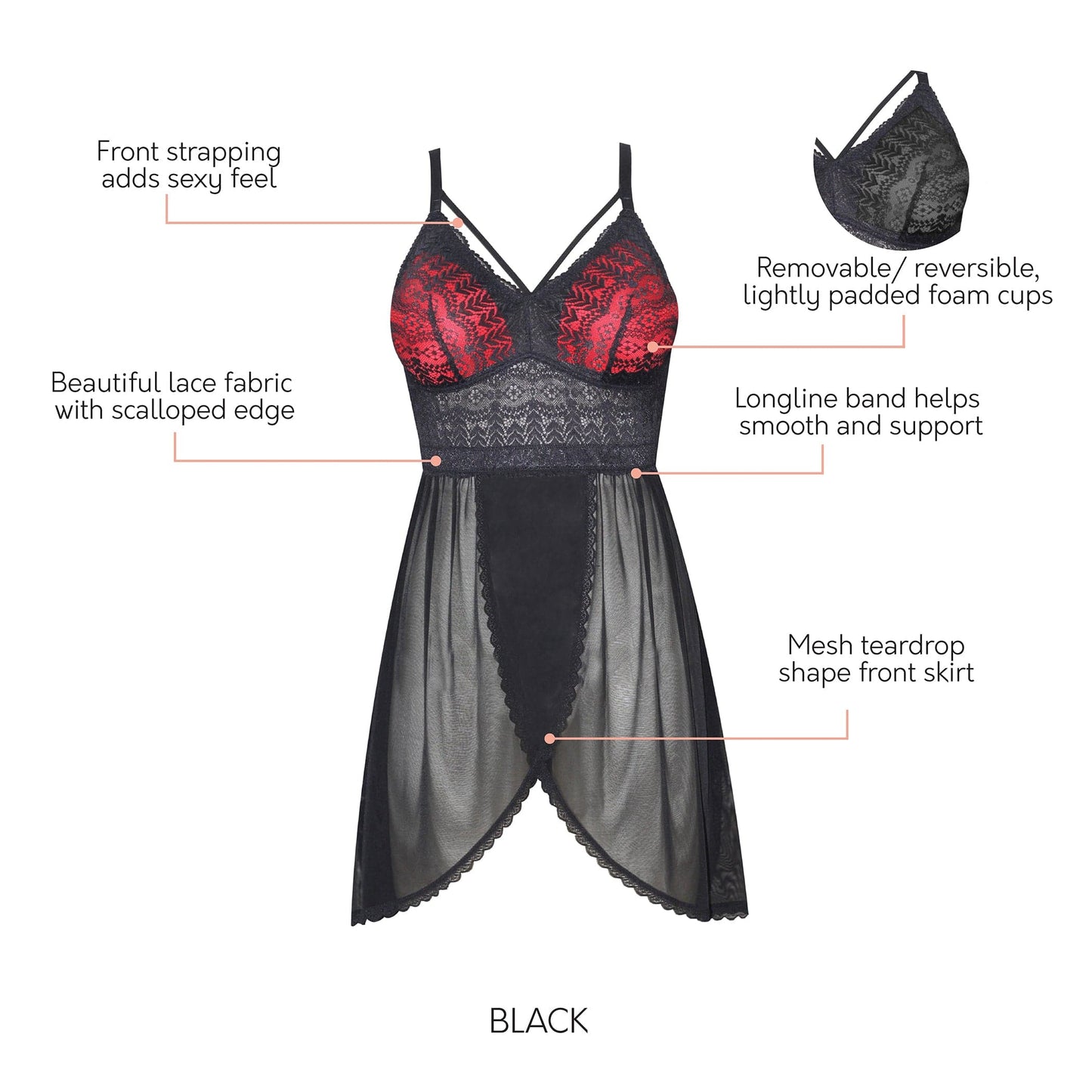 PARFAIT Mia Lace P5959 Women's Lingerie Wire-Free Chemise - Black